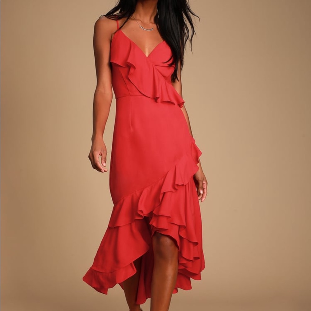Lulus Dreamer's Ruffled Red High-Low Dress EUC